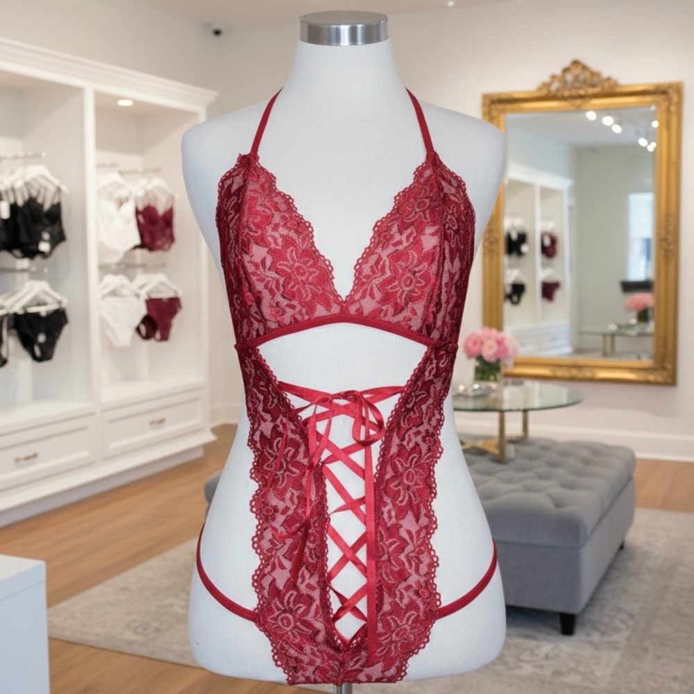 🌬️ Red Floral Lace Corset Lace-Up Halter Lingerie Set NWT | L-Adjustable